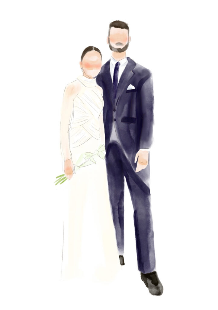 Retrato de los novios en boda pintado en acuarela digital