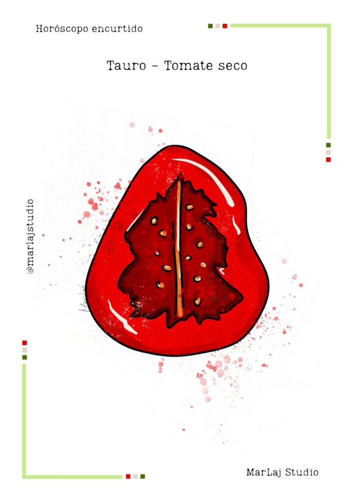 Lámina ilustrada de tomate seco en acuarela para el signo Tauro — Horóscopo encurtido de MarLaj Studio