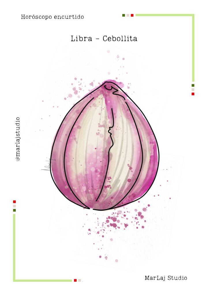 Lámina ilustrada de cebolla morada en acuarela para el signo Libra — Horóscopo encurtido de MarLaj Studio