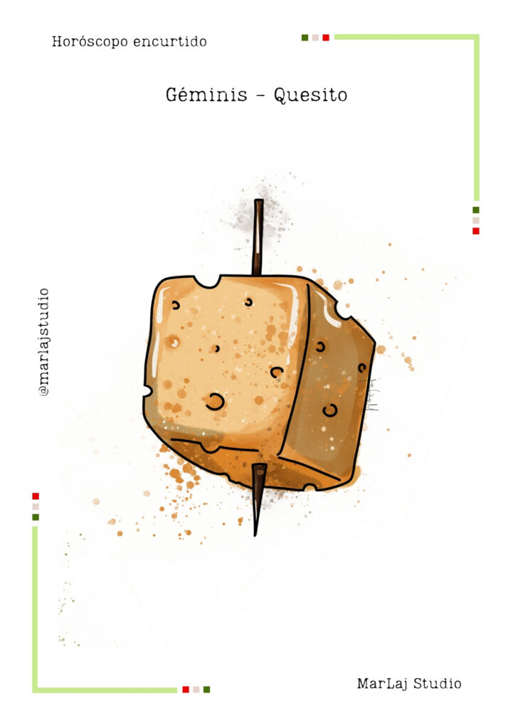 Lámina ilustrada de queso en palillo en acuarela para el signo Géminis — Horóscopo encurtido de MarLaj Studio