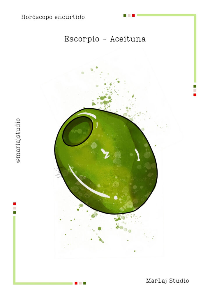 Lámina ilustrada de aceituna rellena en acuarela para el signo Escorpio — Horóscopo encurtido de MarLaj Studio
