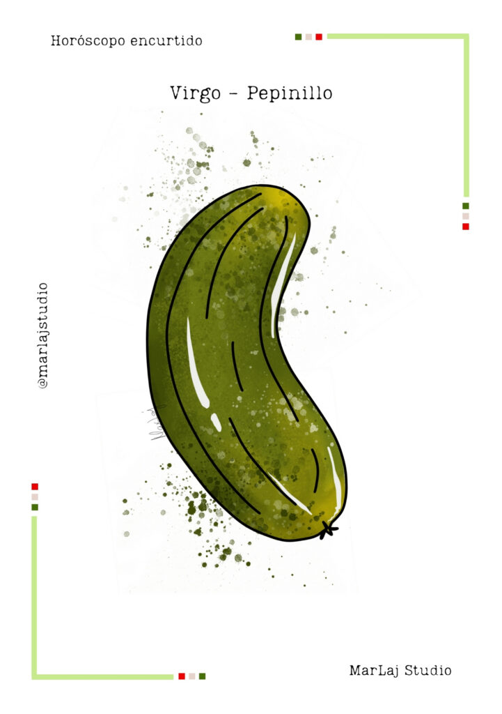 Lámina ilustrada de pepinillo en acuarela para el signo Virgo — Horóscopo encurtido de MarLaj Studio