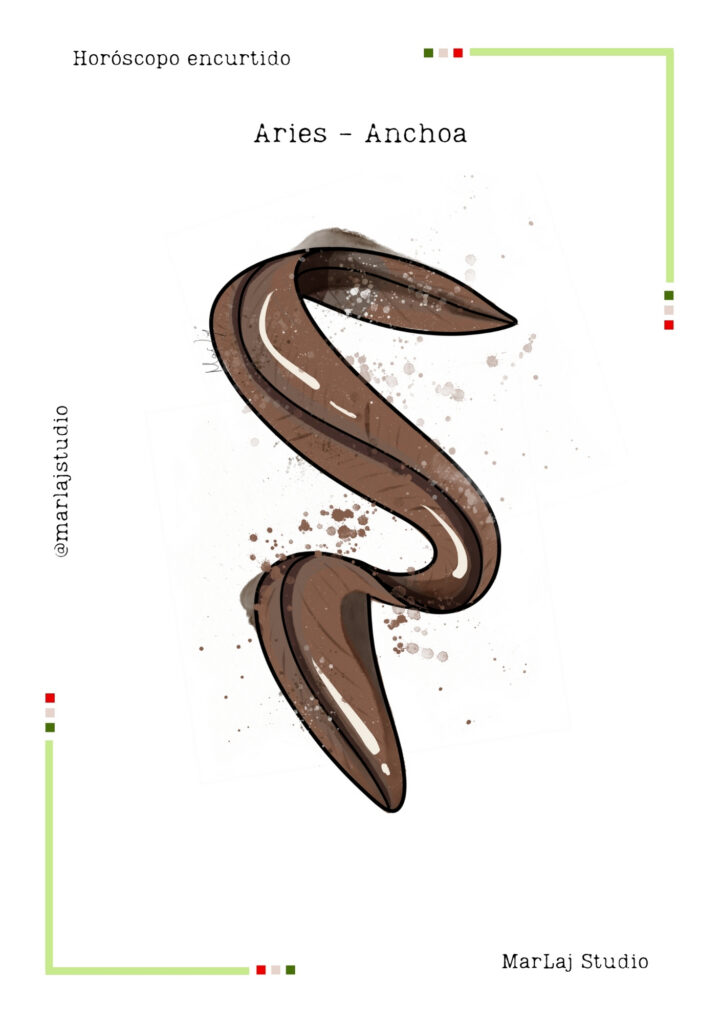 Lámina ilustrada de anchoa en acuarela para el signo Aries — Horóscopo encurtido de MarLaj Studio
