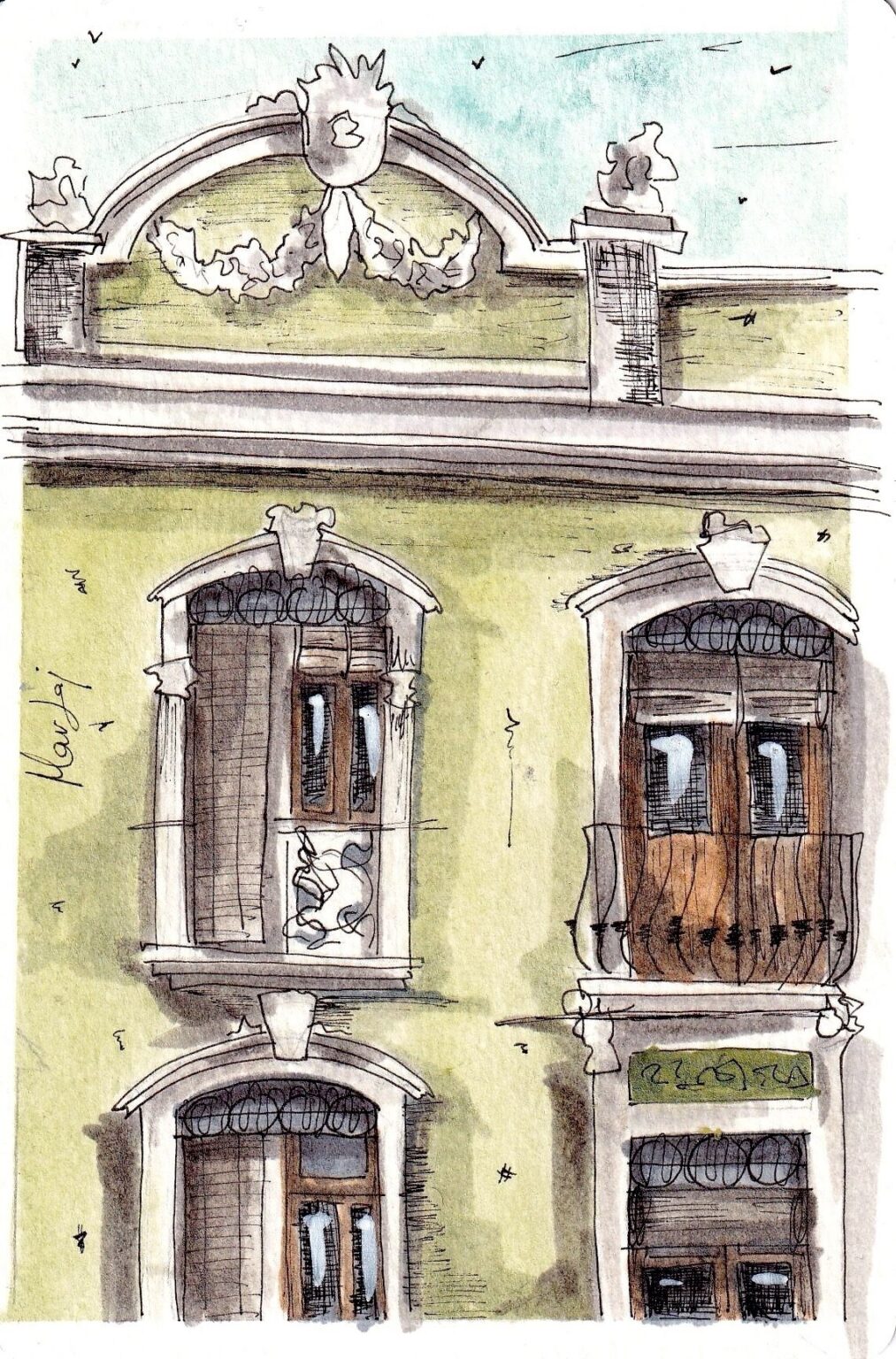 Fachada de un edificio de la calle Cádiz de Valencia en acuarela