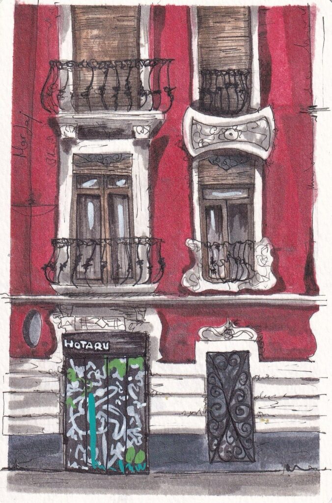 Fachada de la coctelería Hotaru, en Ruzafa, pintada en acuarela y tinta