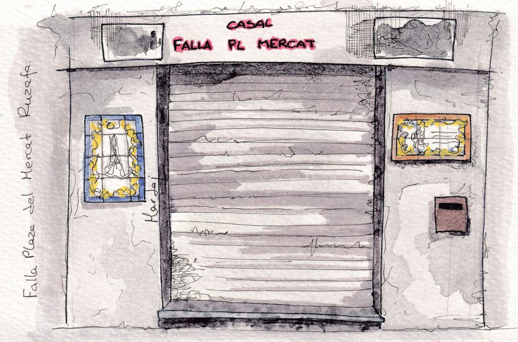 Casal de la falla El Mercat ilustrado en acuarela y tinta