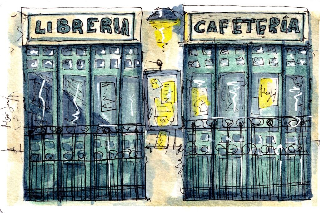 Fachada de la librería café Ubik, en Ruzafa, pintada en acuarela