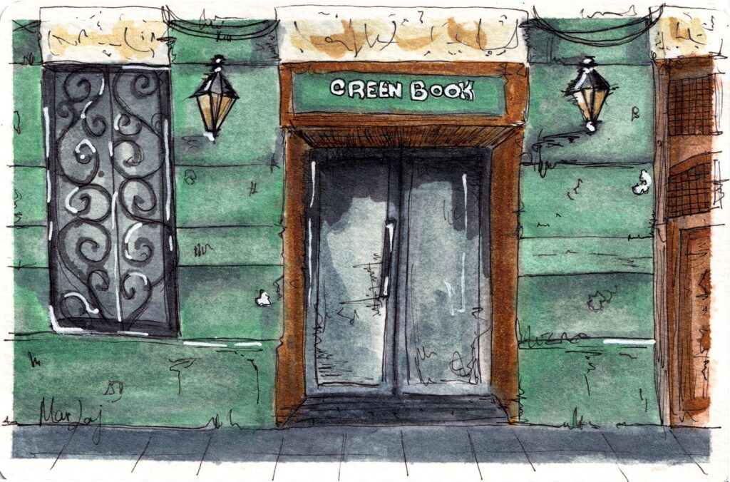 Fachada de Green Book, en Ruzafa, en acuarela y tinta