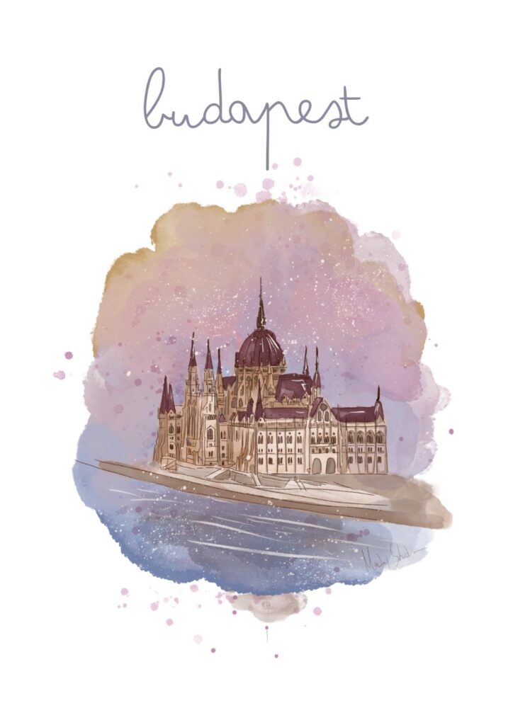 Lámina ilustrada en acuarela digital del Parlamento de Budapest junto al Danubio — MarLaj Studio