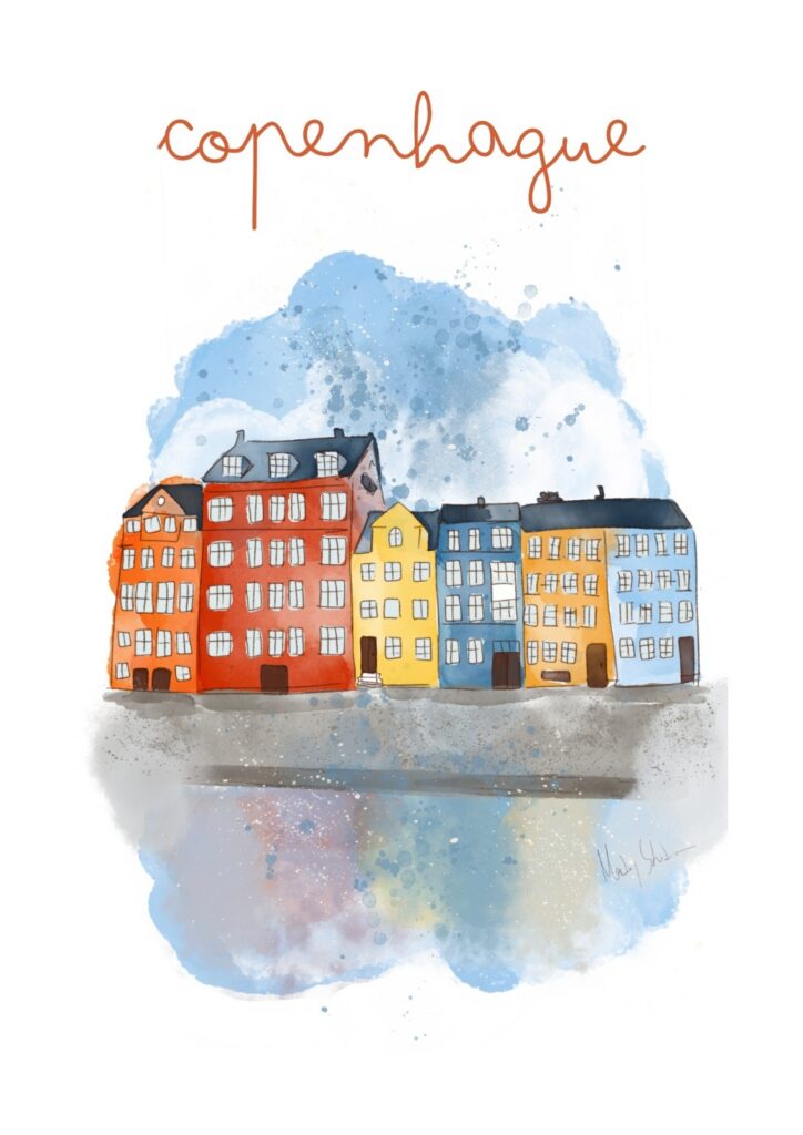 Lámina ilustrada en acuarela digital de las casas de colores de Nyhavn, Copenhague — MarLaj Studio