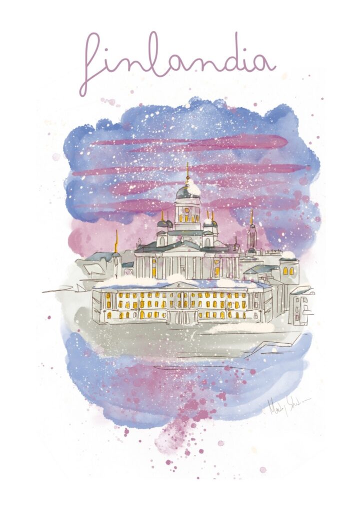 Lámina ilustrada en acuarela digital de la catedral de Helsinki, Finlandia — MarLaj Studio