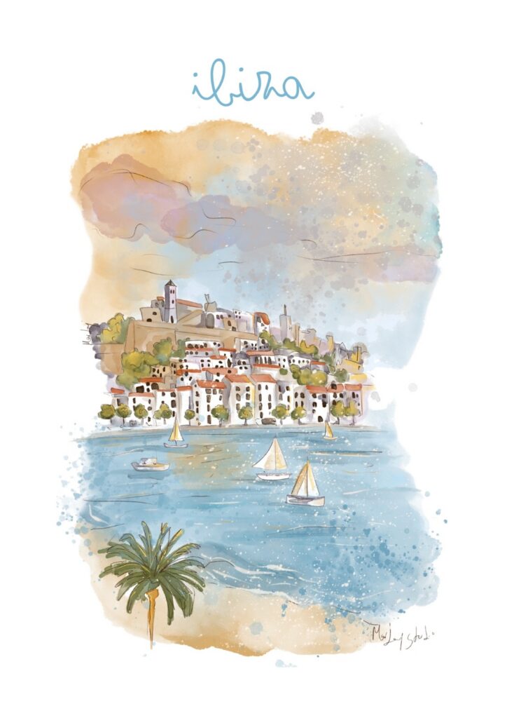 Lámina ilustrada en acuarela digital de Dalt Vila y el mar de Ibiza con veleros — MarLaj Studio