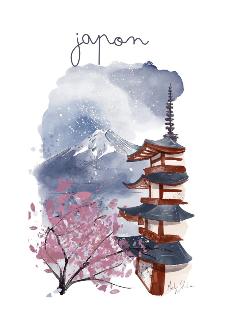 Lámina ilustrada en acuarela digital de una pagoda con cerezos en flor y el monte Fuji, Japón — MarLaj Studio