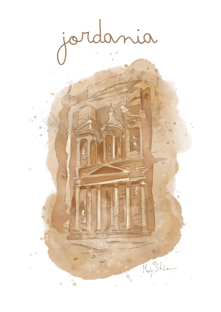 Lámina ilustrada en acuarela digital de Petra, Jordania — MarLaj Studio