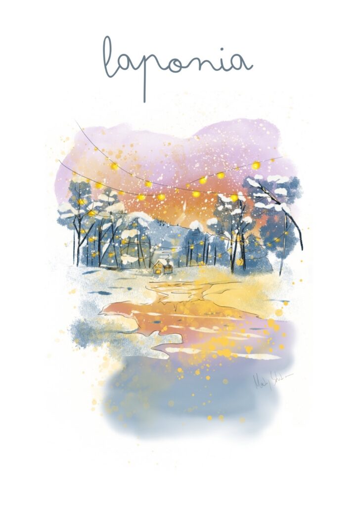 Lámina ilustrada en acuarela digital de un bosque nevado al atardecer en Laponia — MarLaj Studio