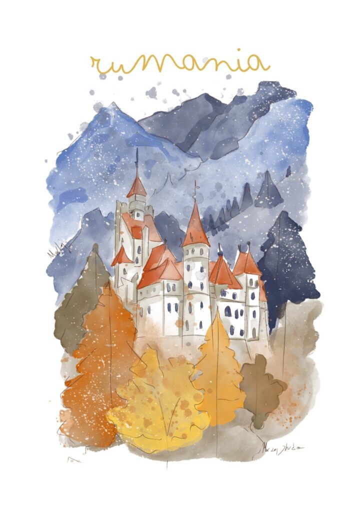 Lámina ilustrada en acuarela digital de un castillo entre montañas y bosque otoñal, Rumanía — MarLaj Studio