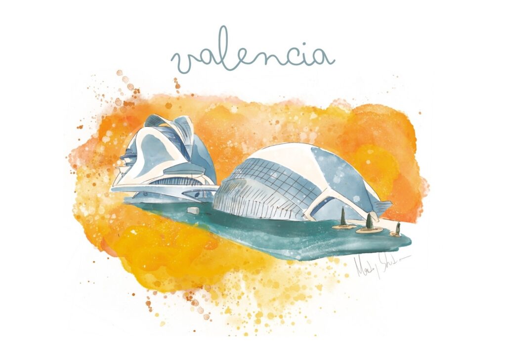 Lámina ilustrada en acuarela digital de la Ciudad de las Artes y las Ciencias, Valencia — MarLaj Studio