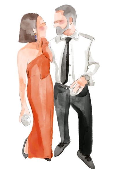Retrato de invitados a una boda pintado en acuarela digital, naranja y negro