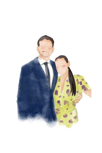 Retrato de invitados a una boda pintado en acuarela digital