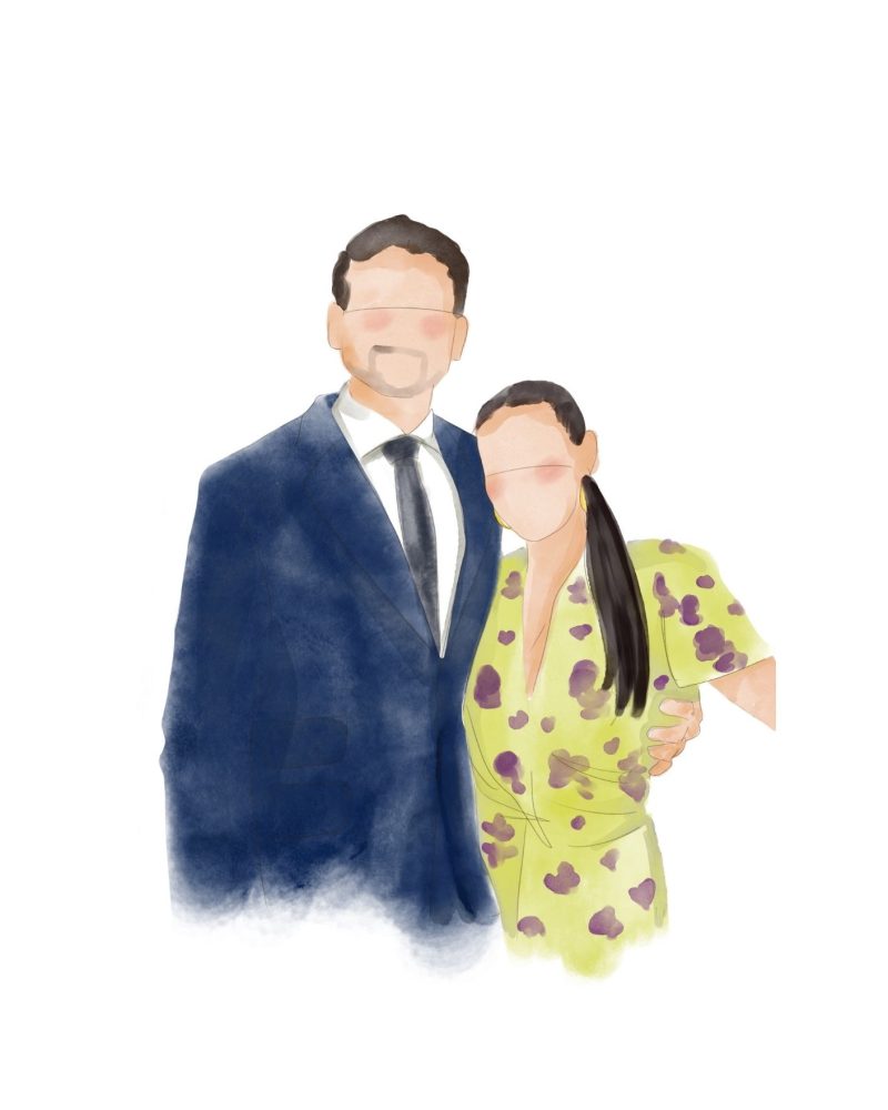 Retrato de invitados a una boda pintado en acuarela digital
