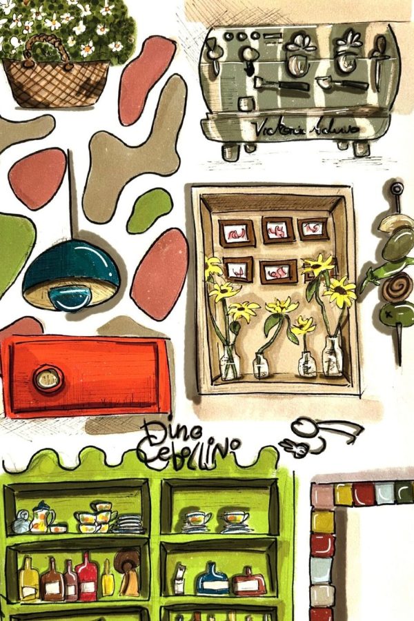 Ilustración doodle a color del local Dino Cebollino