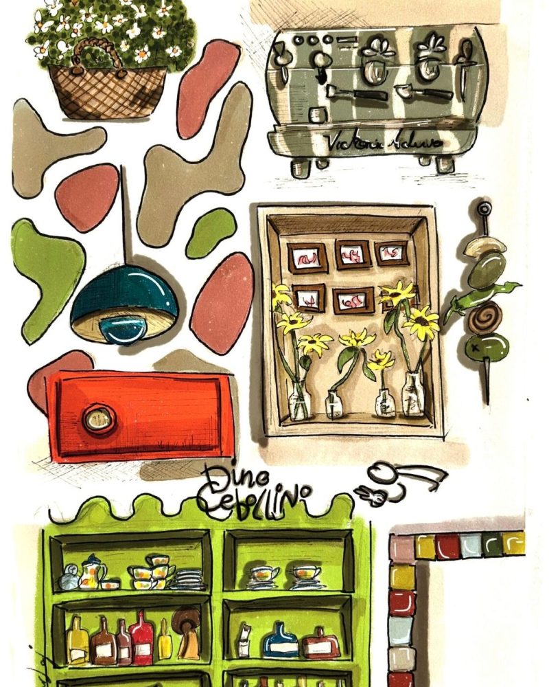 Ilustración doodle a color del local Dino Cebollino
