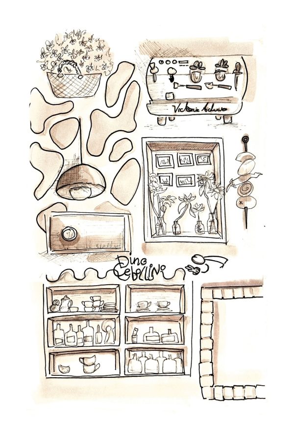 Ilustración doodle del local Dino Cebollino B&W