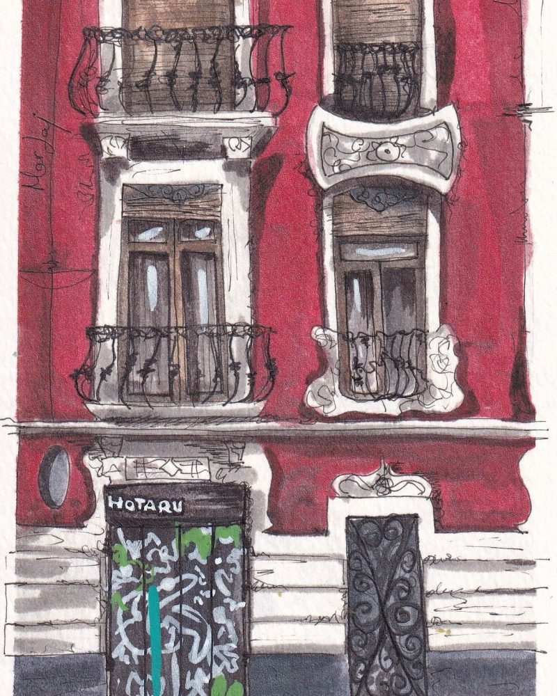 Fachada de la coctelería Hotaru, en Ruzafa, pintada en acuarela y tinta