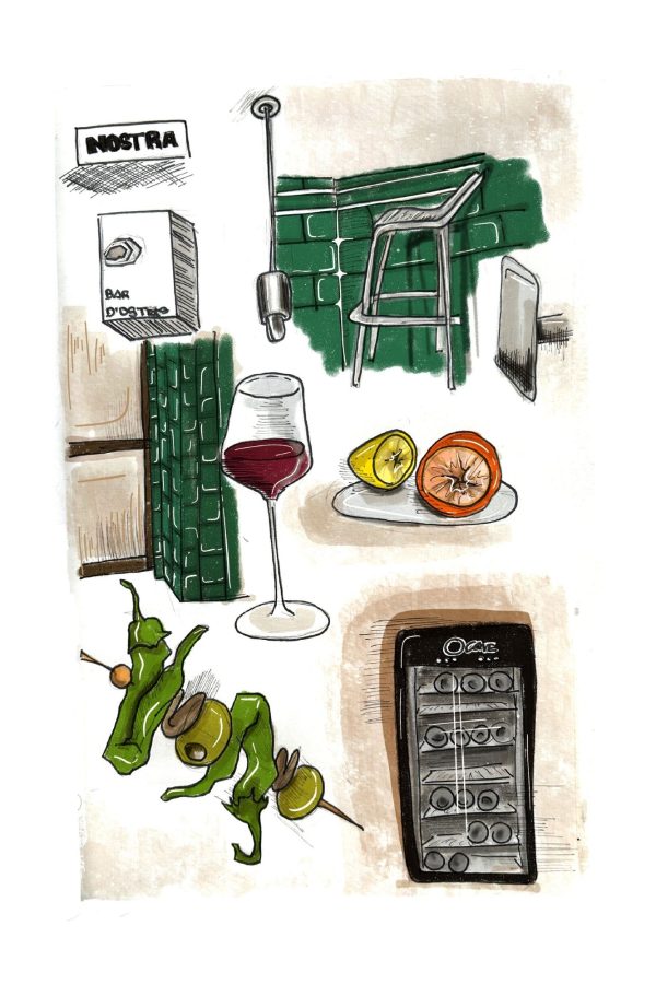 Ilustración doodle a color del bar Nostra, con su barra y sus botellas