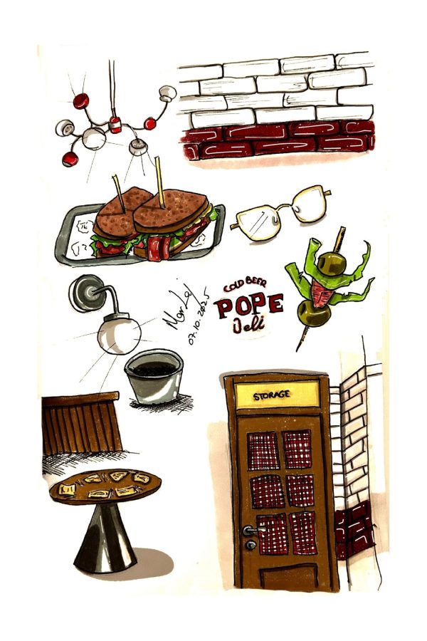 Ilustración doodle a color del local Pope Deli