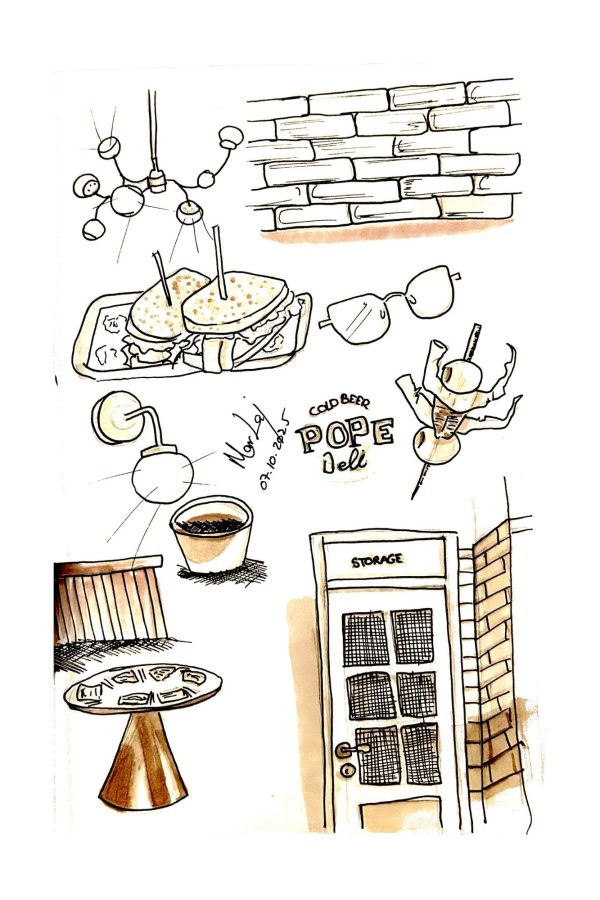 Ilustración doodle B&W del local Pope Deli