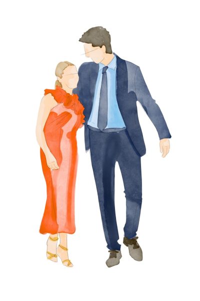 Retrato de invitados a una boda pintado en acuarela digital, naranja y azul