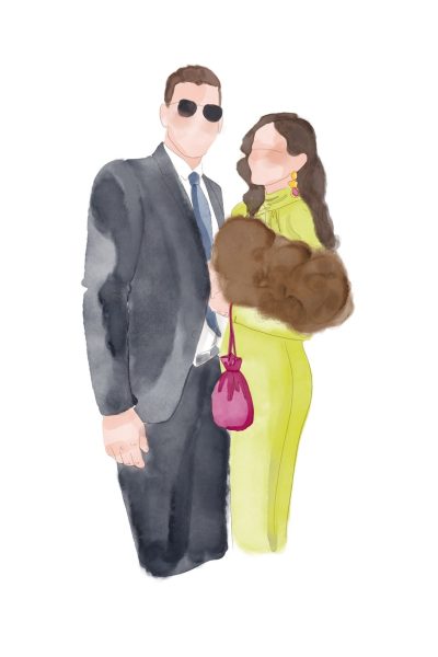 Retrato de invitados a una boda pintado en acuarela digital, gris y verde