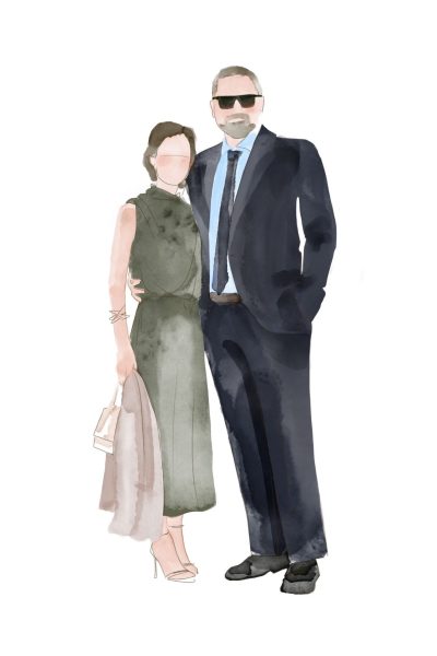Retrato de invitados a una boda pintado en acuarela digital, azul y verde militar
